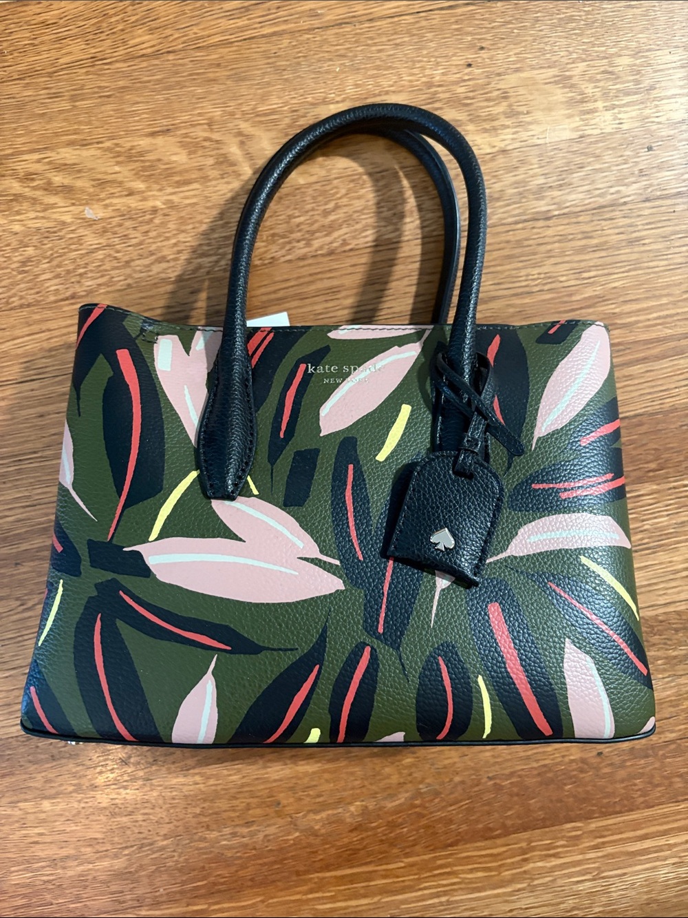 kate spade Olive Green Floral Satchel with Pink, Black & Yellow Accents